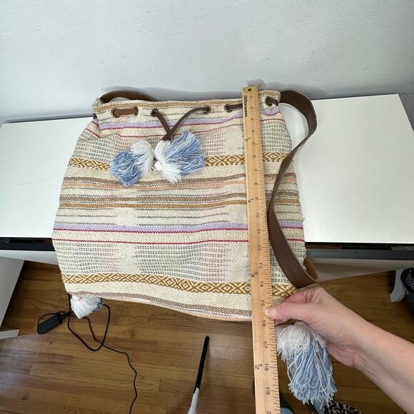 Lovestitch Tan Multicolor Striped Canvas Boho Bag Drawstring Snap Closure - Picture 14 of 16